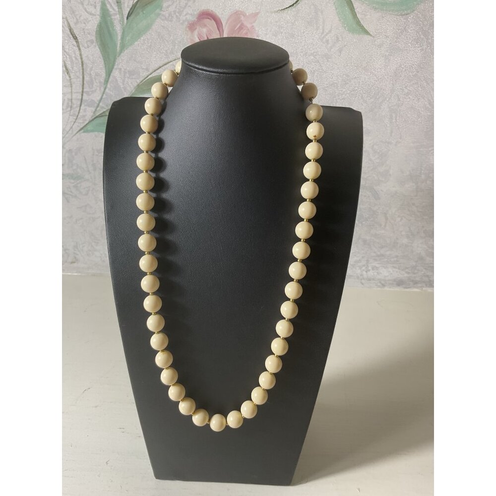 Vintage White Beaded Necklace With Gold-Tone Spacers and Clasp